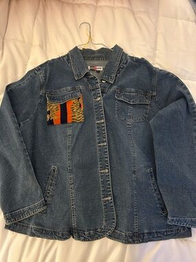 Live a Little Blue Denim Jacket with Orange & Black Patch